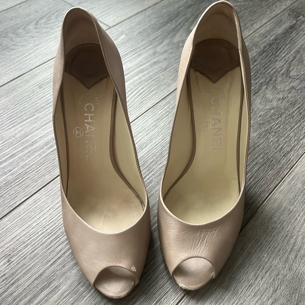 Chanel champagne colored pumps. 3 inch heel, size 38. Worn with couple flaws.